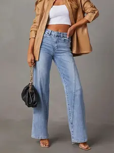 American Style Loose Fit High Waist Jeans, Fashion Wide Leg Straight Pants, Slimming Blue Long Trousers, Wearable All Year Round