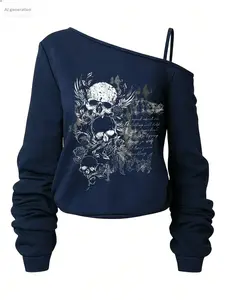 Gothic Skull Rose Asymmetrical Shoulder Sweatshirt, Vintage Print, Loose-Fitting, Soft Fleece Fabric, Spring & Fall Comfort, Multiple Colors