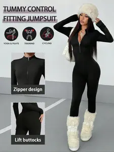 Women's High-Elasticity Long Sleeve Tight Fitting Yoga Jumpsuit, Half-Zip Front Slim Fit Athletic Casual Bodysuit For Cycling, Workout & Daily Wear, Women's Acitvewear, Sporty Jumpsuit, Sporty Comfy Jumpsuit