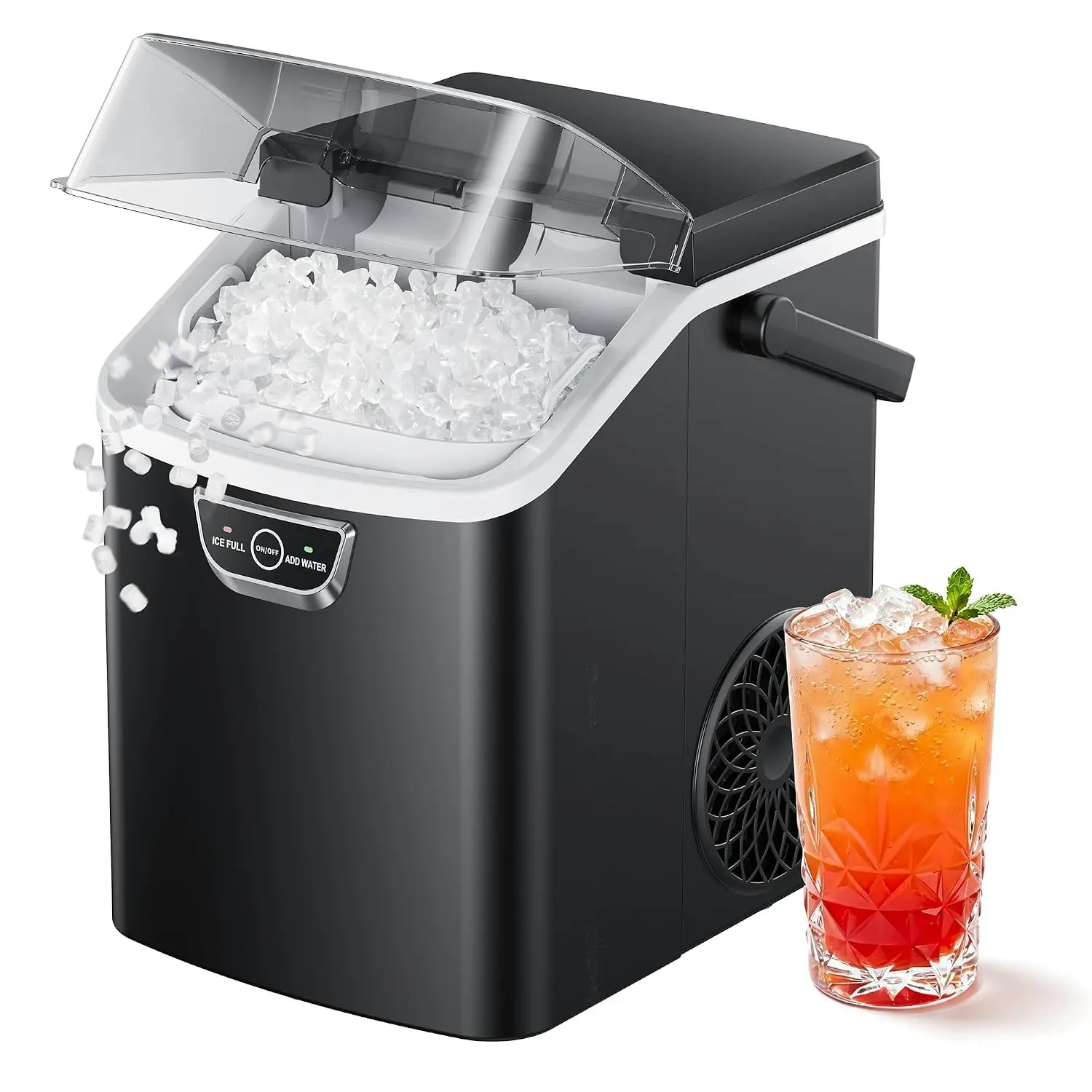 Nugget Ice Maker Countertop with Handle, Max 40lbs Daily Sonic Ice | Ice in 4 Mins, Self-Cleaning, Portable Pebble Ice Maker with Basket and Scoop, for Home/Party/RV/Camping, Black