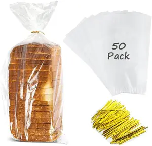 Large Bread Bags with Ties, 8 x 4 x 18, 50 Pack, Clear, , Bulk Bread Bags for Homemade Bread, Plastic Bakery Bags, Clear Bread Loaf Packing Bags