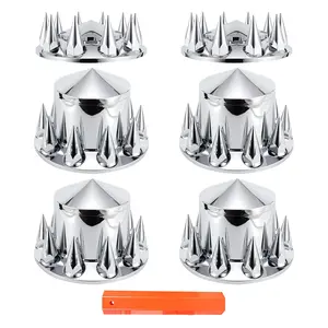 ABS Chrome Plastic Front Axle and Rear Wheel Cover Kits with 33mm Push-on Flange Lug Nut Covers for Semi Trucks in Pairs, Spiked, 2+4 Set