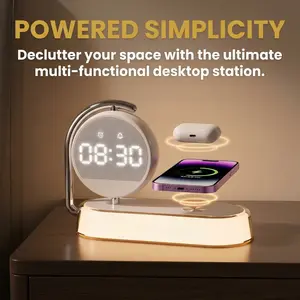 15W Wireless Charger Alarm Clock, Multifunctional Bedside Night Light with Clock, 360° Rotatable Display, 3500K Warm Eye-Care Light, Touch Control, Alarm Function, Type-C Cable Included, Safe Charging for Bedroom Nightstand Desk#mother's day gifts
