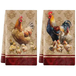 Kitchen Towels Dish Towels Set of 2 Vintage Farmhouse Rooster Hen Hanging Bathroom Hand Towels/Bar Towels/Tea Towels for Home Decor, Christmas Gifts 24x16 Inch