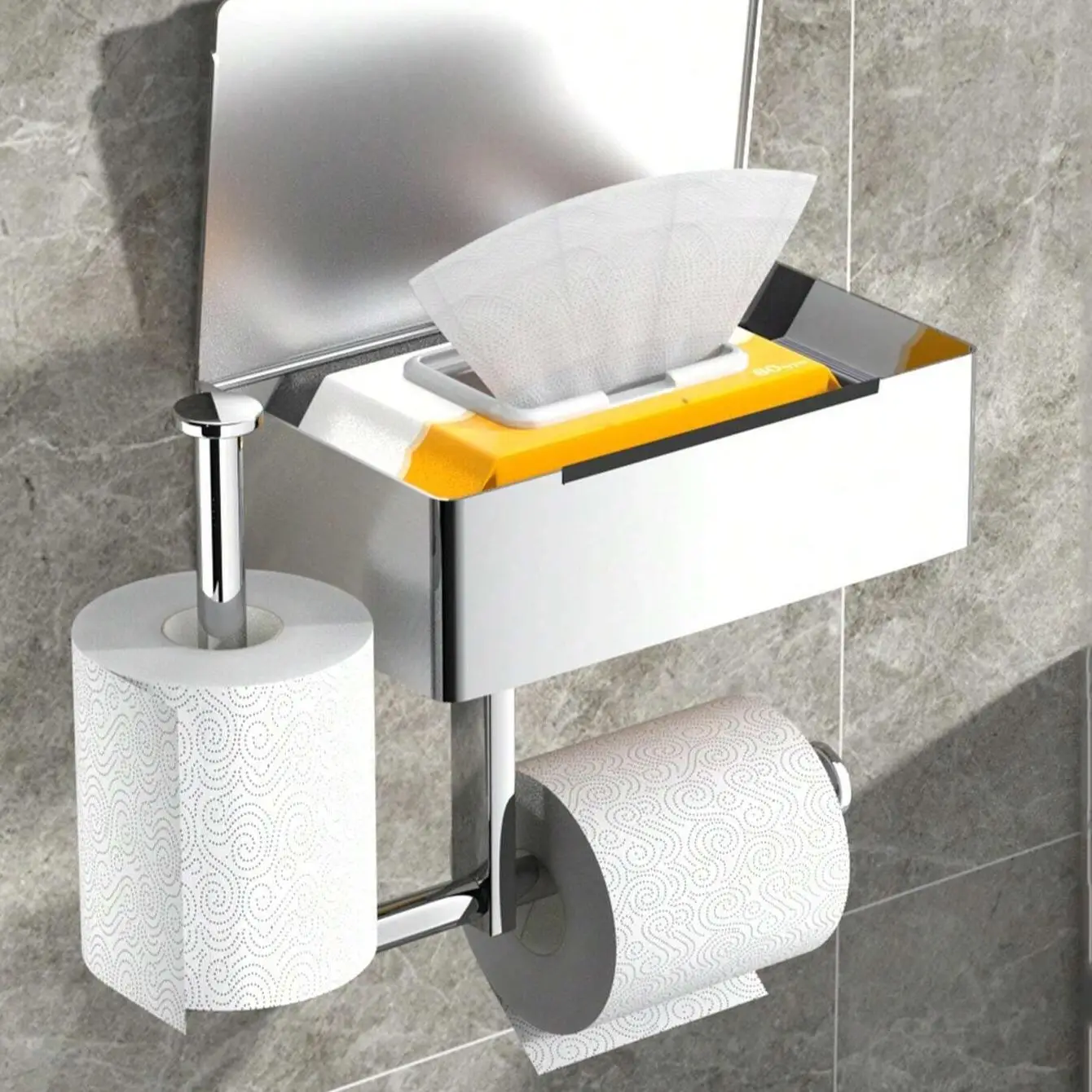 Toilet Paper Holder with Phone Shelf, Self-adhesive Toilet Paper & Refill Double Holder, Multi-functional Bathroom Accessories for Home Hotel Salon, S