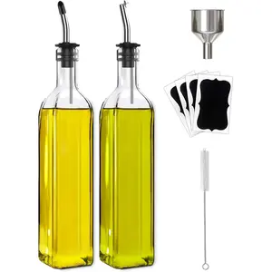 Olive Oil Dispenser Bottle, 2 Pcs Glass Olive Oil Dispenser and Vinegar Dispenser Set with 2 Stainless Steel Pourers, 4 Labels,1 Brush and 1 Funnel Oil Bottles for Kitchen (500ml)