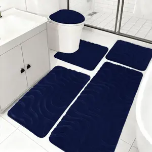Rug Sets 5 Piece, Soft Absorbent Non-Slip Plush Bath Mats, Includes Cover, Bath Runner and U-Rug, Machine Washable,Navy Blue