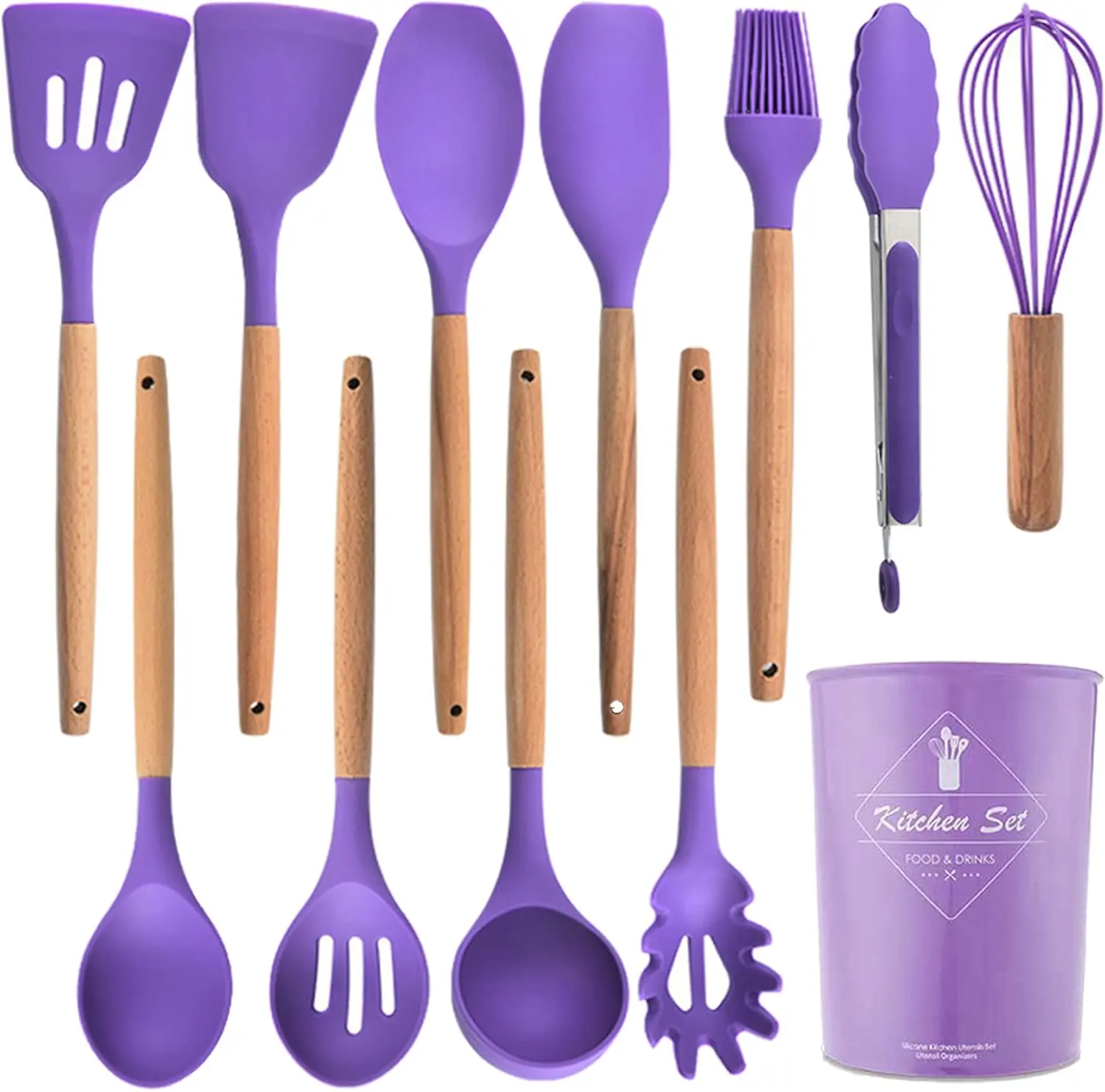 12-Piece Kitchen Silicone Utensils Set - Non-Stick, Heat-Resistant, BPA-Free Wooden Cooking Tools with Slotted Spoon and Durable Handles, Kitchen Utensils Set