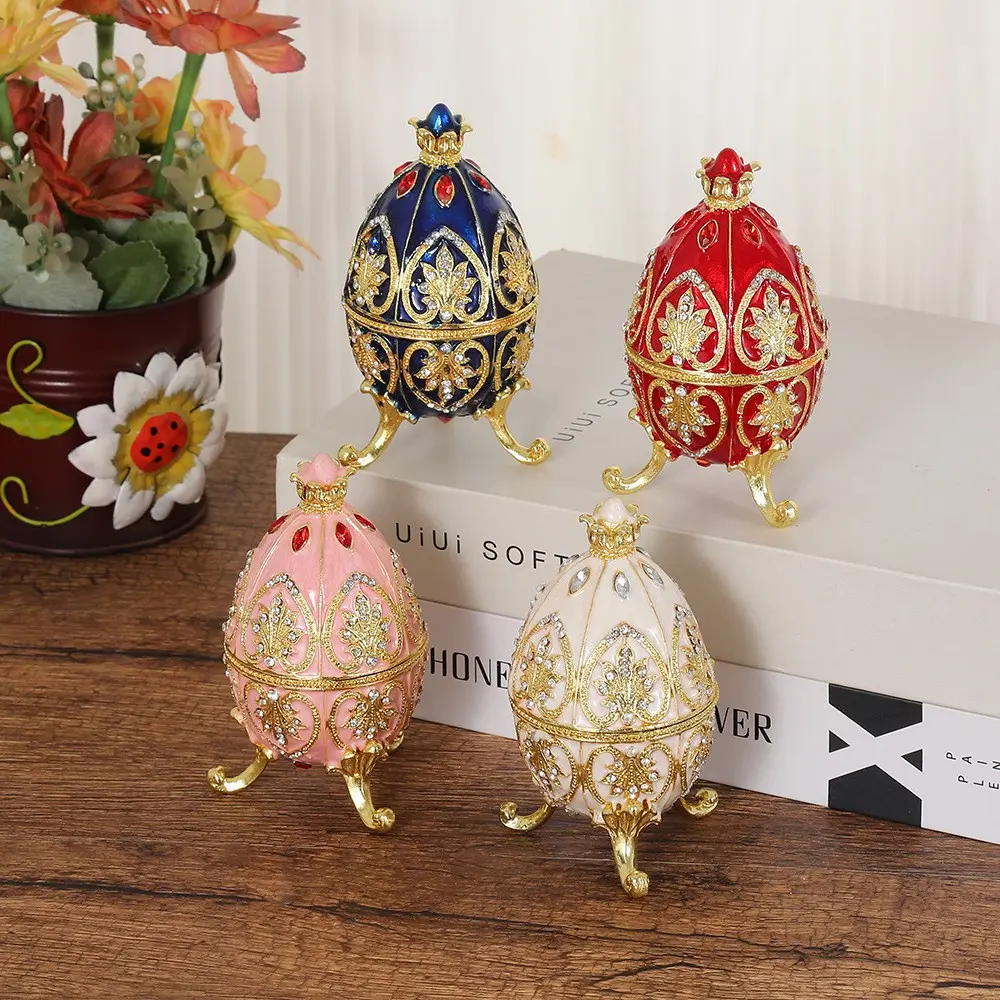 Elegant Hand-painted Faberge Egg Trinket Box, Decorative Oval Metal Jewelry Holder with Golden Accents, Magnetic Closure, for Rings, Necklaces, Earrings