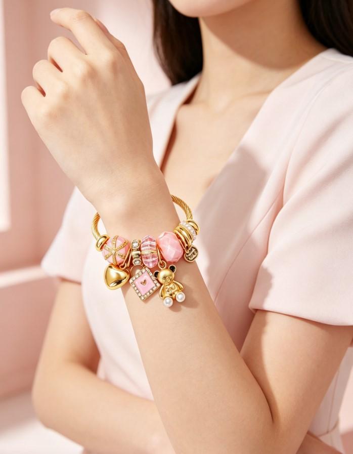 Gold Twisted Cable Bangle Bracelet, Pink Crystal Beads Charms Bracelet with Bear, Heart & Lock Pendant, Sweet Fashion Jewelry Gift for Women Girls