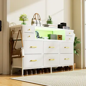 10-Drawer Dresser with Charging Station & LED Lights – Fabric Storage Organizer with Faux Leather Front, TV Stand for 55" TV, USB Ports, Side Pockets & Hooks, for Bedroom, Closet, Entryway, 47.2" W