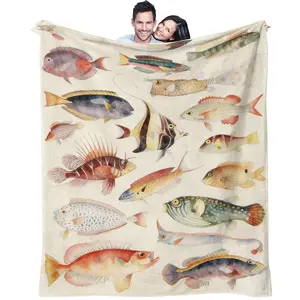 Vintage Watercolor Marine Fish Field Guide Blanket, Ultra-Soft Flannel Throw, Warm Blanket for Napping & Binge-Watching, Ideal Gift for Ocean Lovers