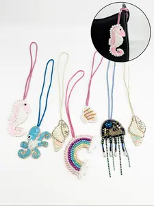 Handmade Beaded Ocean Life Decorative Bag Charm, Seahorse Octopus Conch Fabric Patch Handcrafted Pendant for Bags