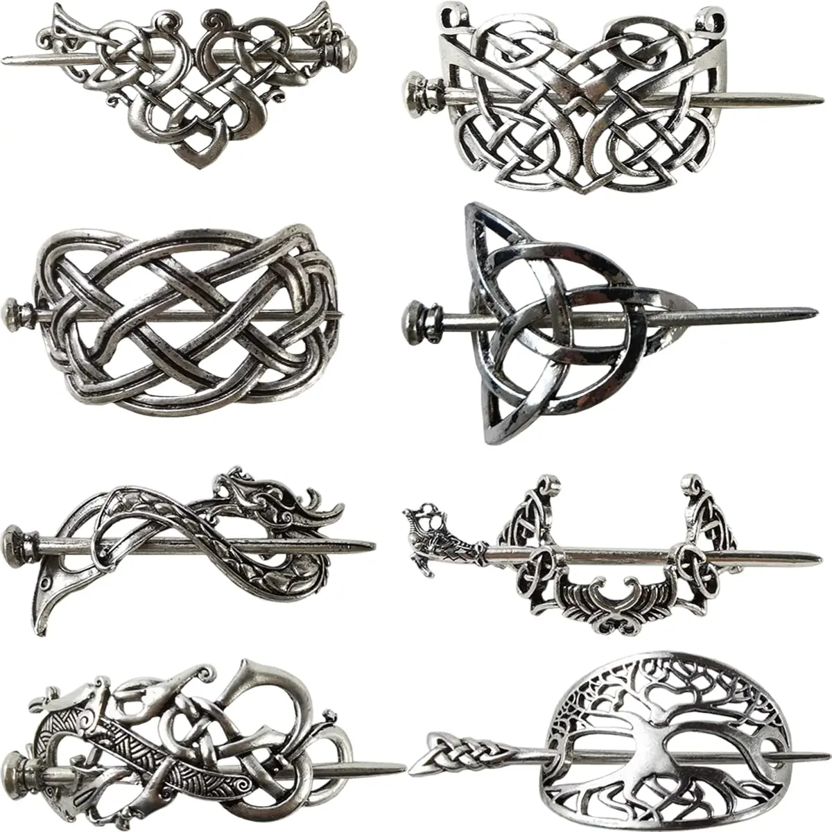 8PCS(Multiple sizes) silvery Hair Clips, Viking Celtic Hair Sticks, Celtic Knot Hairpin, Retro Silver Vintage Metal Hair Barrette, Viking Jewelry Clip, Minimalist Hair Accessories for Women and Girls Beauty & Personal Care