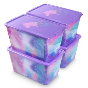 SIMPLYKLEEN 4 Packs 58 QT Plastic Storage Bins with Rainbow Unicorn Print Lids, Stackable Storage Container, Made in the USA - Colorful