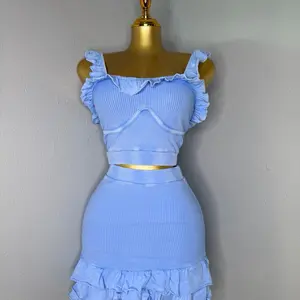 Tropicoqueta Two Piece Set - Light Blue Ruffled Top & Skirt - Perfect for Casual Wear - Comfortable & Stylish