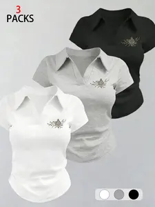 Women's 3-Piece Floral Embroidered Collared Short Sleeve T-Shirt, Classic Linen Fabric, Versatile Casual Wear, Top, Embroidery