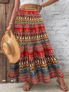 Women's High Waist Elastic Belt Layered Skirt, Colorful Ethnic Style Fabric Design, Perfect for Daily Wear & Light Vacation Scenes