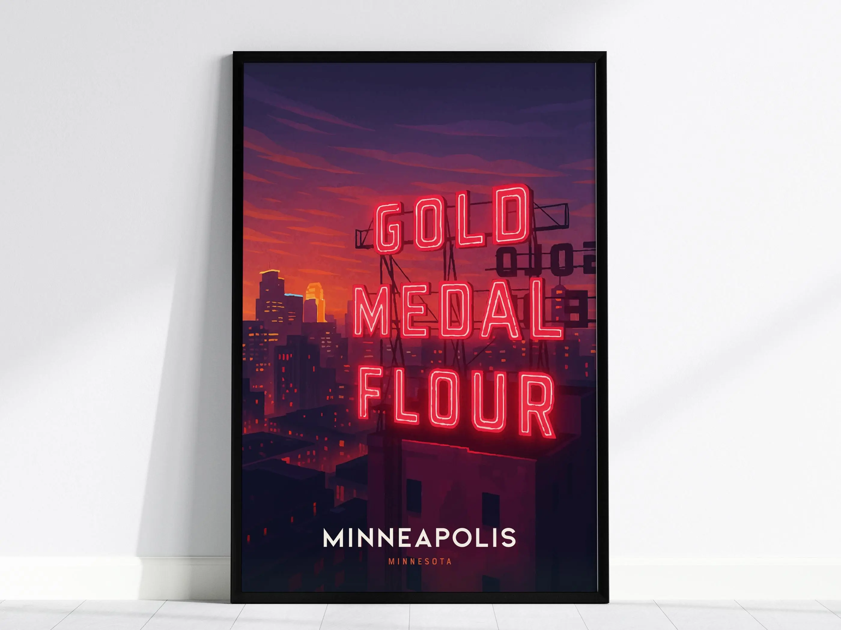 Minneapolis Poster | Gold Medal Flour Sign Night Skyline Art