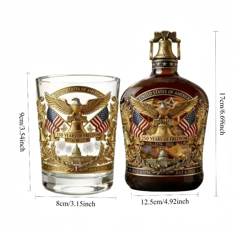 Patriotic 1776-2026 Classic Whiskey Aerator Glass Set, American Heritage Independence Theme Bald Eagle Design Bottle Holder, Decorative Bourbon Drinking Kit for Home Bar, Parties, Gifts