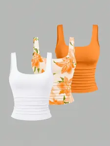 Women's Solid / Leopard Print Square Neck Tank Top, Casual Sleeveless Top for Daily Wear, Ladies Clothes for All Seasons Womenswear