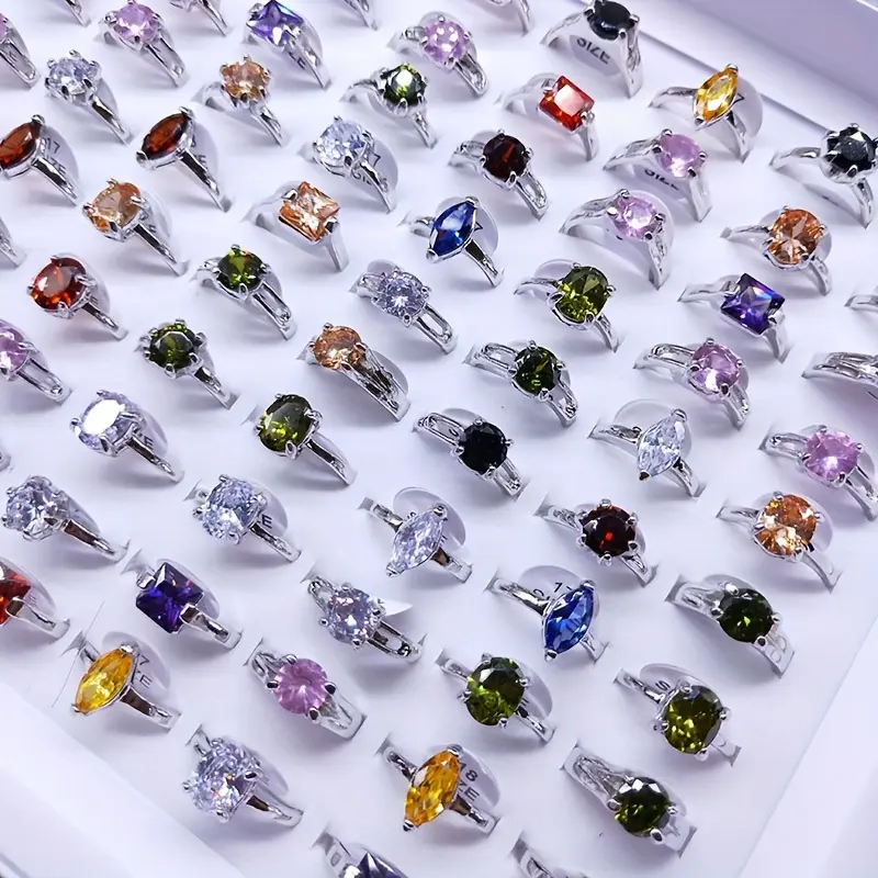 [25pcs Silvery Geometric Cubic Zircon Rings Set] - Elegant Glittering CZ Cocktail Rings for Engagement, Evening Parties, Cubic Zircon Ring