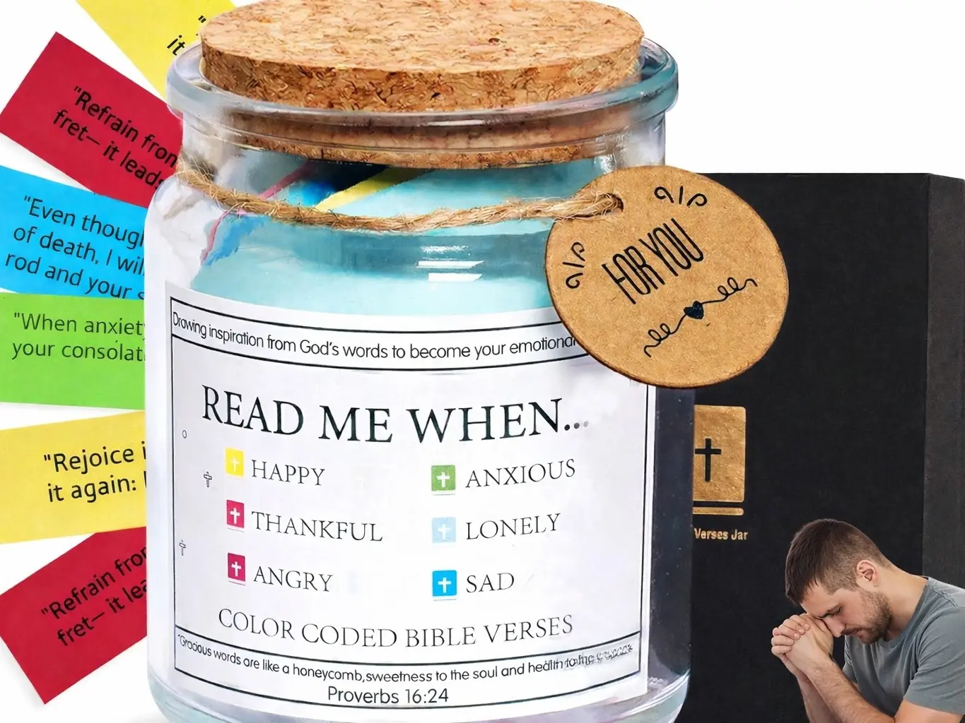 Bible Verse Jar, Glass Scripture Prayer Jar with Read Me When Bible Verses, Christian Gifts for Women Men, Religious Faith Devotional Prayer Jar, Christmas Gift, Room Bedroom Decor, Catholic Church Gift Bottles Colorful Organiser Tin Canister