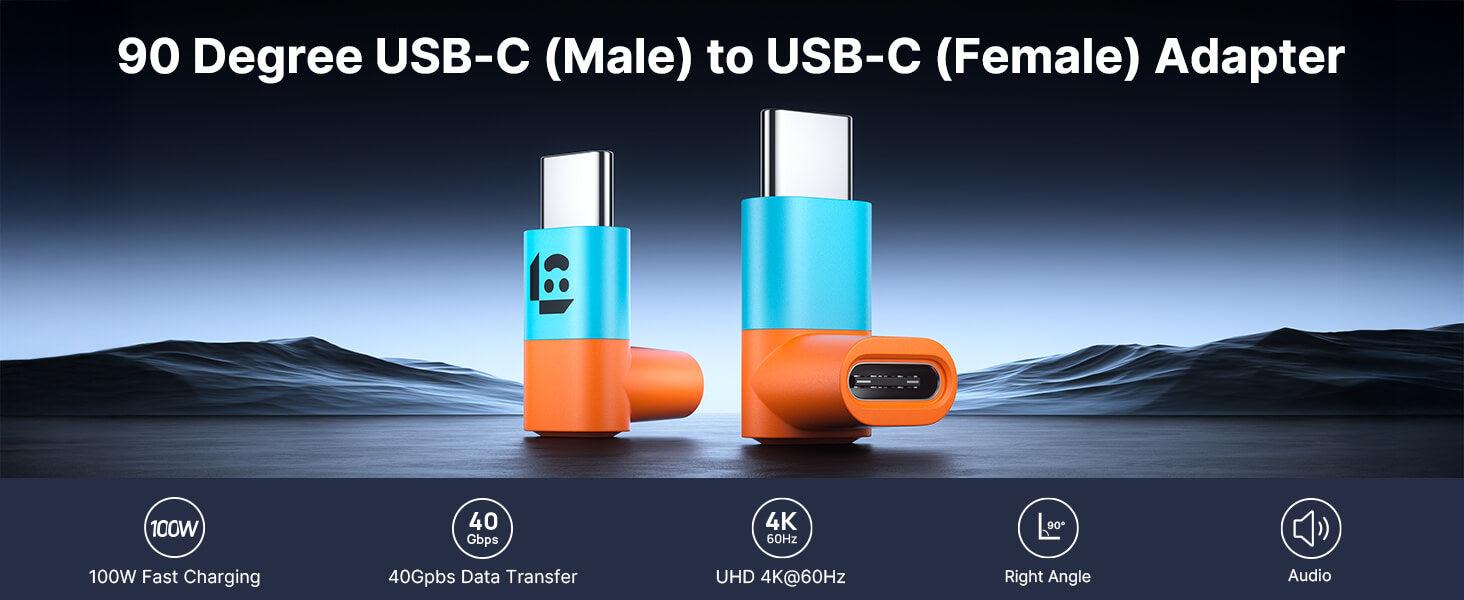 JSAUX 90 Degree USB-C Male to USB-C Female Adapter, Right Angle 2-Pack 40Gbps Data Transfer 100W USB Type-C PD Extender Compatible with iPhone16 Pro Max/16 Pro/16 Plus/16， ROG Ally, Steam Deck, Switch and More Laptops, Tablets, Phones