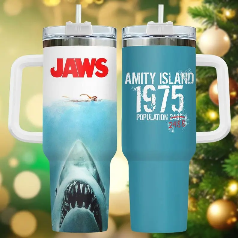 Jaws Movie Tumbler 40oz With Handle Straw, Amity Island 1975 Population 2489 2488 Vintage Horror Shark Merch, Stainless Steel Insulated Travel Mug Cups, Retro Spill-proof Gift For Movie Fans, Summer Beach Camp Coffee Cup