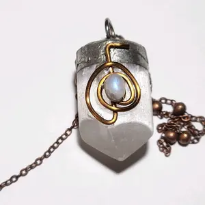 Soldered Selenite & Moonstone Pendulum with Decorative Wire Swirl