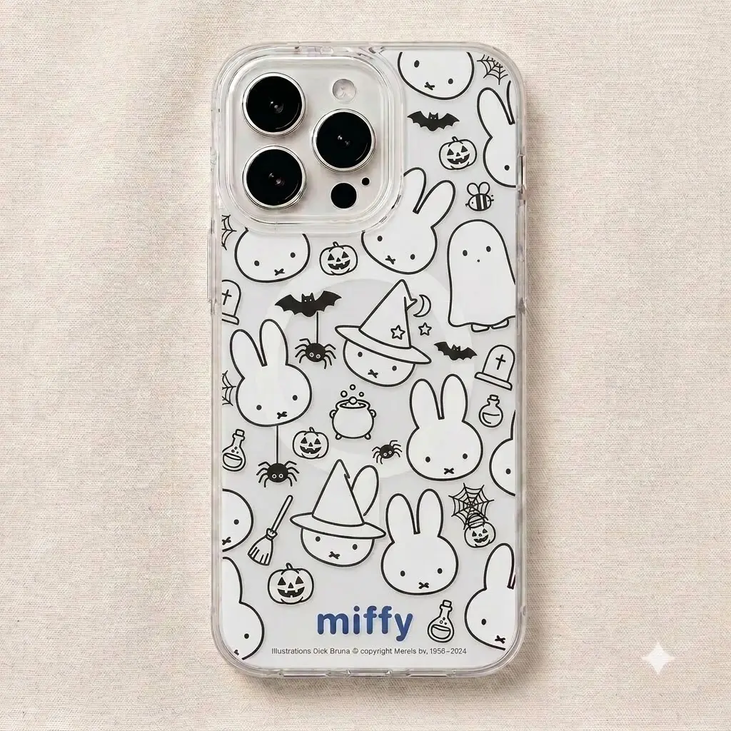 Miffy Halloween Spooky Line Art Clear Case for iPhone 11-17 Pro Max Galaxy S21-S26 Ultra, Cute Kawaii Bunny Witch Transparent Magnetic Protective Phone Cover
