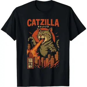 Casual Cotton shortsleeve tees Catzilla Japanese Cat Men Women Cat Graphic T-Shirt