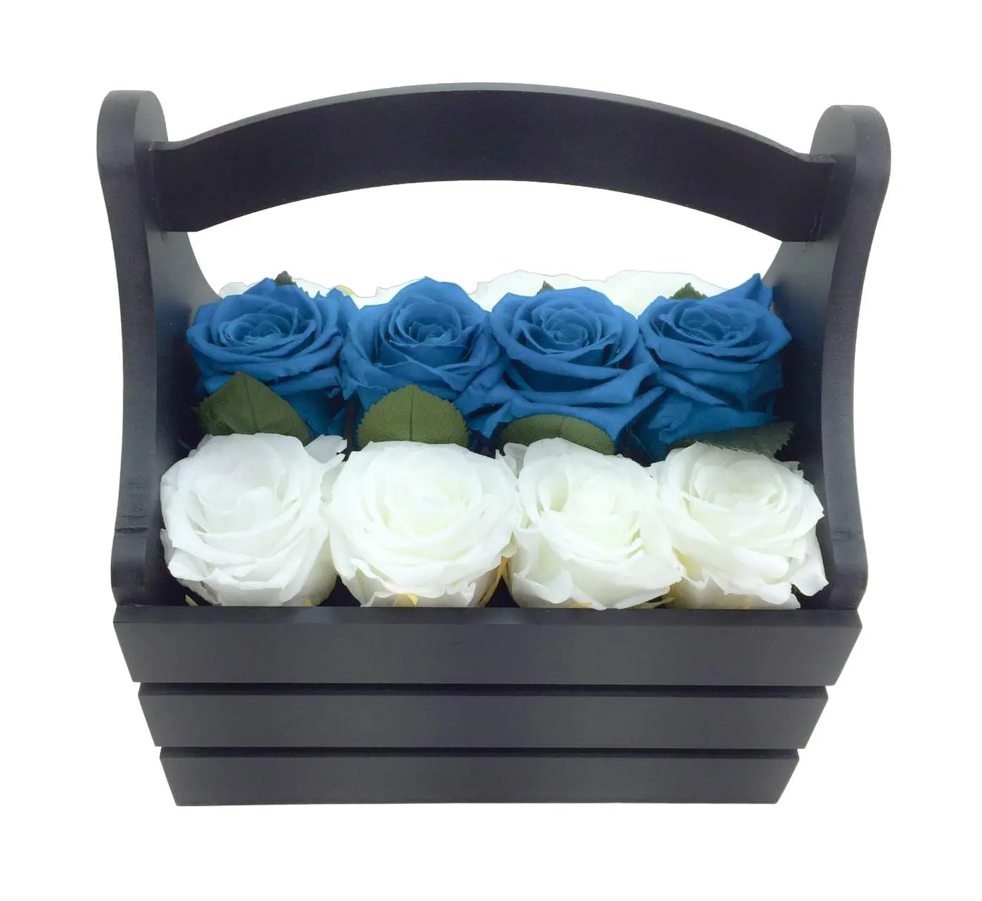 Black Basket Wooden Box / 8 Large White Roses + 4 Large Blue Roses / Eternal Fresh Flower