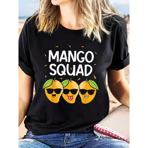 Mango Squad Funny Mango Lover Graphic Print Crew Neck T-Shirt for Women - 100% Cotton Casual Short Sleeve Summer Top for Spring & Holiday Outfits