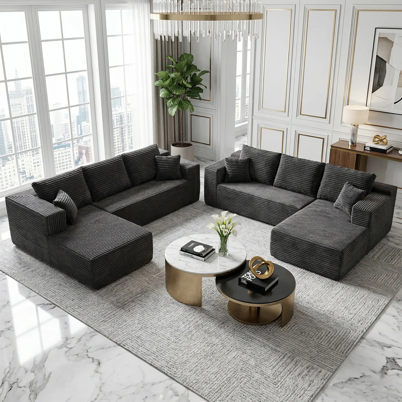 L-Shape Sectional Couch with Chaise Longue - 3-Seater Corduroy Cloud Sofa for Living Room - No Assembly Required (Grey, Black Options) Modular Sectional Velvet Sectional Sofa Chenille to furniture beige