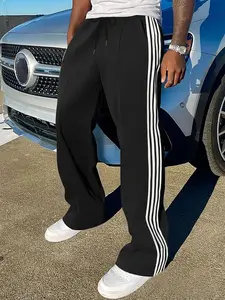 Men's Side Patchwork Striped Print Straight Leg Pants, Casual Comfy Loose Trousers for Daily Wear, Streetwear Men's Bottoms for All Seasons, Sports Casual Pants