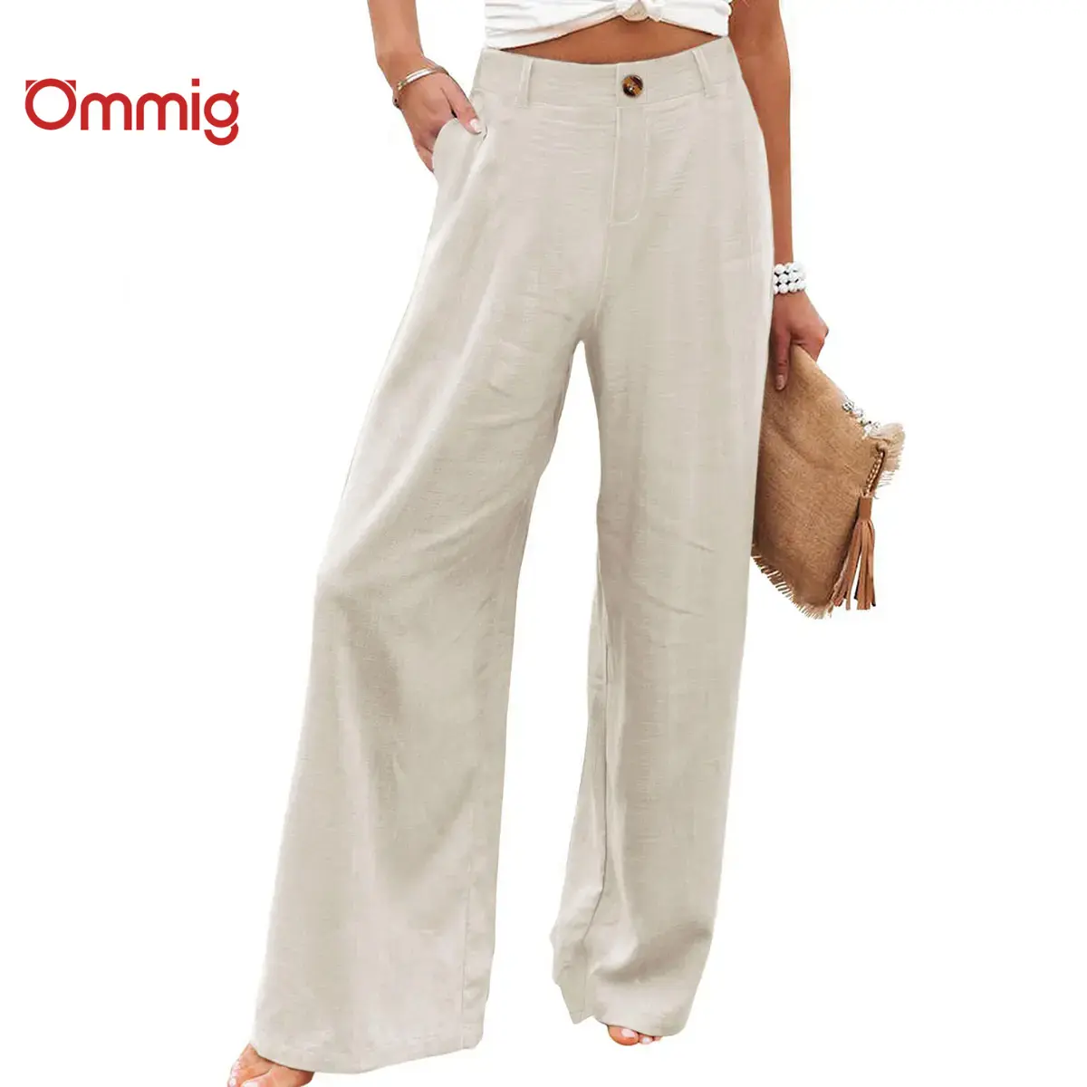 Ommig Women's Cotton Linen Bottoms - High Waisted, Button-Up, Wide Leg Casual Minimalist Trousers, Basic Pants for Women, Apricot,summerwins,back to school shopping