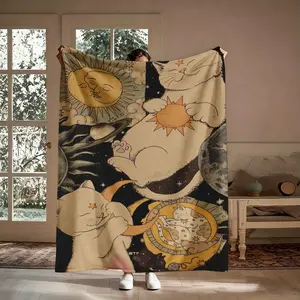 Mystical Cat Astrology Flannel Throw Blanket, Tarot Cats Sun Moon Planets Stars Boho, Soft Cozy Warm, for Couch Bed, Gift for Cat Lovers Her, Birthday Christmas, Aesthetic Celestial Whimsical Decor