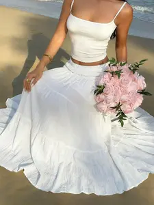 1 Piece Women's White Tiered Maxi Skirt Elastic Waist Crinkled Flowy Hem Bottoms for Beach Vacation Casual Daily Wear