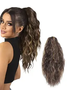 Claw Wavy Natural Fake Ponytail Extension Black Brown 16" Curly Pony Tail Glueless Clip in Hair Extensions for Women fluffy Natural Looking Synthetic Hairpiece for Daily Use