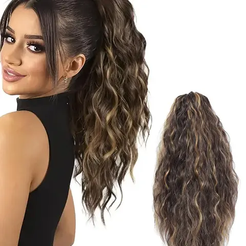 Claw Wavy Natural Fake Ponytail Extension Black Brown 16" Curly Pony Tail Glueless Clip in Hair Extensions for Women fluffy Natural Looking Synthetic Soft Hairpieces for Daily Use Soft Curly Ponytails