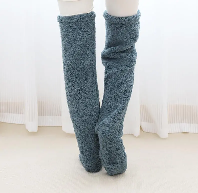 Women's Minimalist Basic Over-Knee High Fuzzy Cotton Stockings, Solid Style, Warm for Winter Lounging, Average Fit, Grey