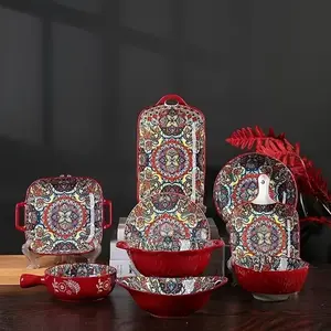 Bohemian Style Deep Ceramic Dinnerware Set, Tableware Set, 8-Piece Bowl and Plate Set, Microwave and Oven Safe, Ideal for Home and Restaurant Use