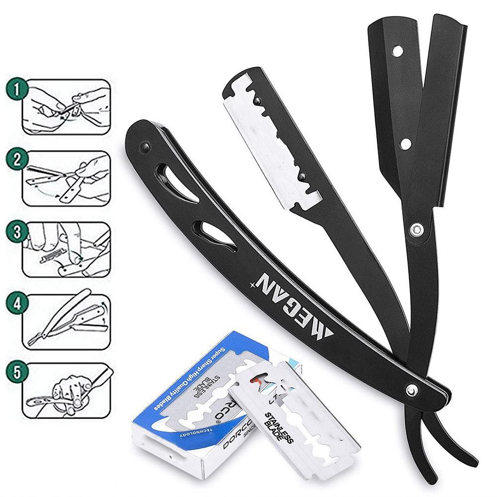 Professional Straight Edge Barber Razor w/ 100 CROWN Single Edge Razor Blades | Straight Razors for Men | Barbershop Accessories | Mens Shaving Knife & Shavette - Black