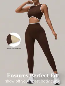 Women's Color Block Yoga Set, High-Waisted Seamless Leggings, Sleeveless Sports Bra, Below-The-Knee Fit, Casual All-Season Wear