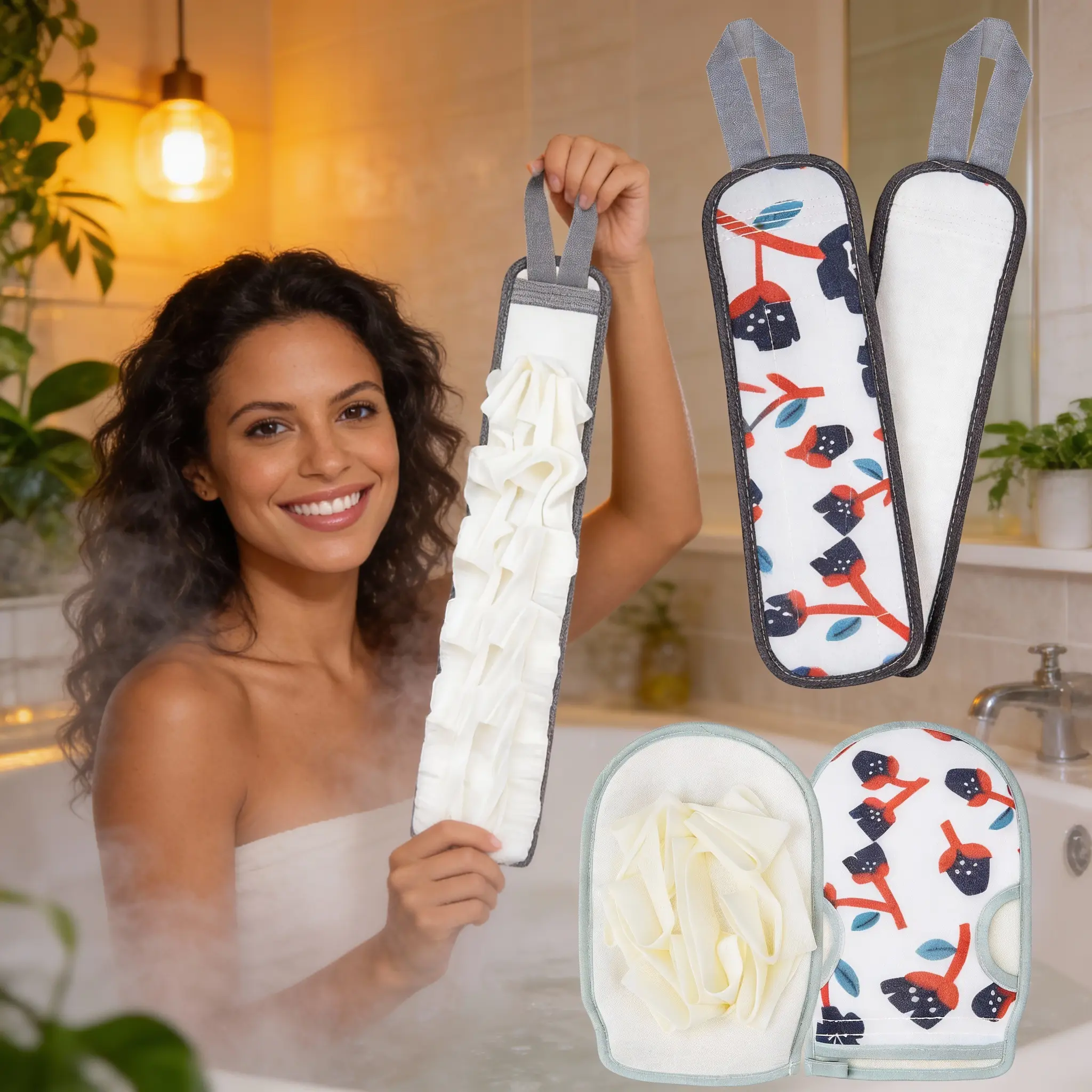 Exfoliating Body Brush Set with 360-Degree Rotatable Head & Foldable Handle - Lightweight PVC High-Tenacity Exfoliating Body Scrubber, Soothing Bathing Accessory with Net Sponges for Deep Cleaning, Stress Relief