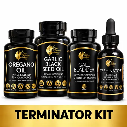 Cocó March N.M.D Terminator Wellness Kit – Oregano, Garlic, Gall Bladder, Terminator Liquid Herbal Blend - Dietary Supplement Bundle for Overall Digestive Health