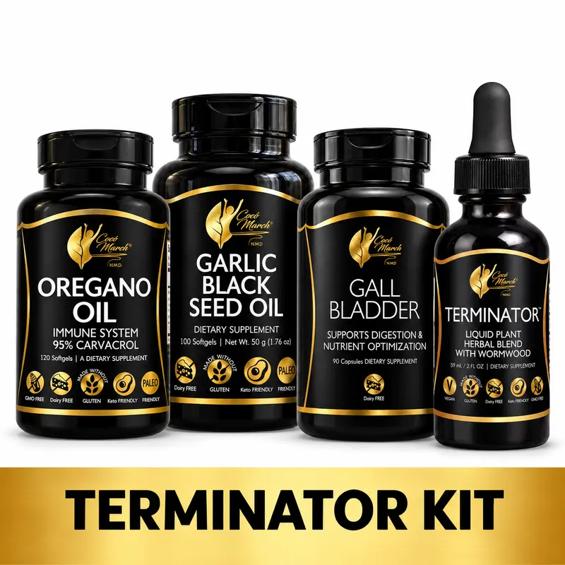 Cocó March N.M.D Terminator Wellness Kit – Oregano, Garlic, Gall Bladder, Terminator Liquid Herbal Blend - Dietary Supplement Bundle for Overall Digestive Health