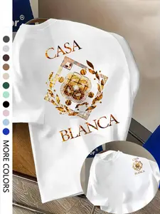 Men's Casual Sports Short Sleeve Top, Casablanca Print, Casual Letters Print, Graphic, Comfortable Round Neck Tee for Outdoor Gym Shopping, Trendy Versatile Men's Shirt, Menswear