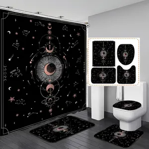 Cosmic Planet Moon Pattern Bathroom Shower Curtain, 1 Count Shower Curtain Or 4 Counts/set Including Shower Curtain, Shower Mat, U-shaped Mat, Toilet Cover, with 12 Hooks, Home Goods, Room Decor, Bathroom Decoration Accessories